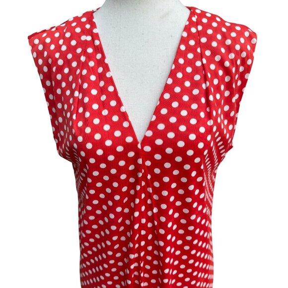 Vintage Womens Red & White Polka Dot V Neck Tie Waist Sleeveless Midi Dress - Picture 10 of 11